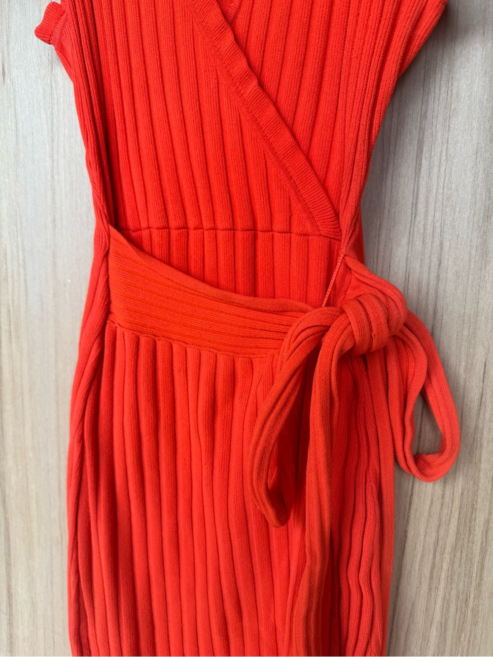 MILLY Persimmon Bold Orange V-Neck Rib Knit Wrap Dress - Picture 6 of 9